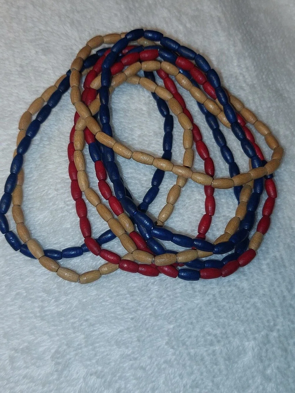 8 Handcrafted Navy, Red & Tan Wood Bead Stretch Bracelets with Matching Earrings